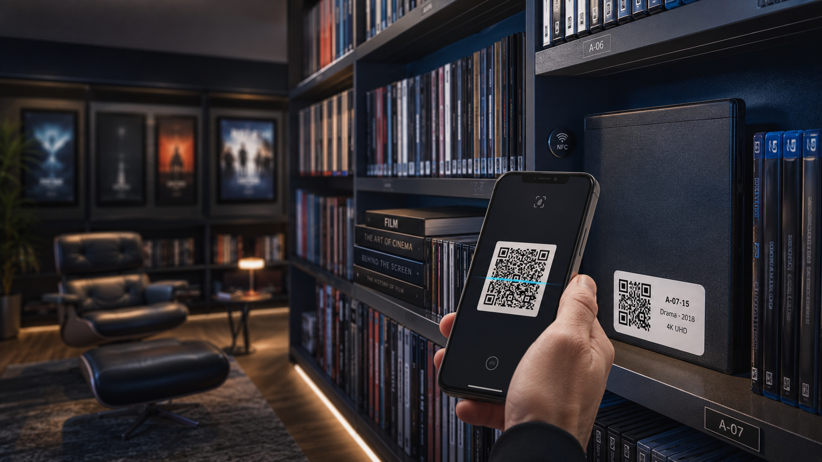 QR-labelprinter, medieæsker og telefon med scanning